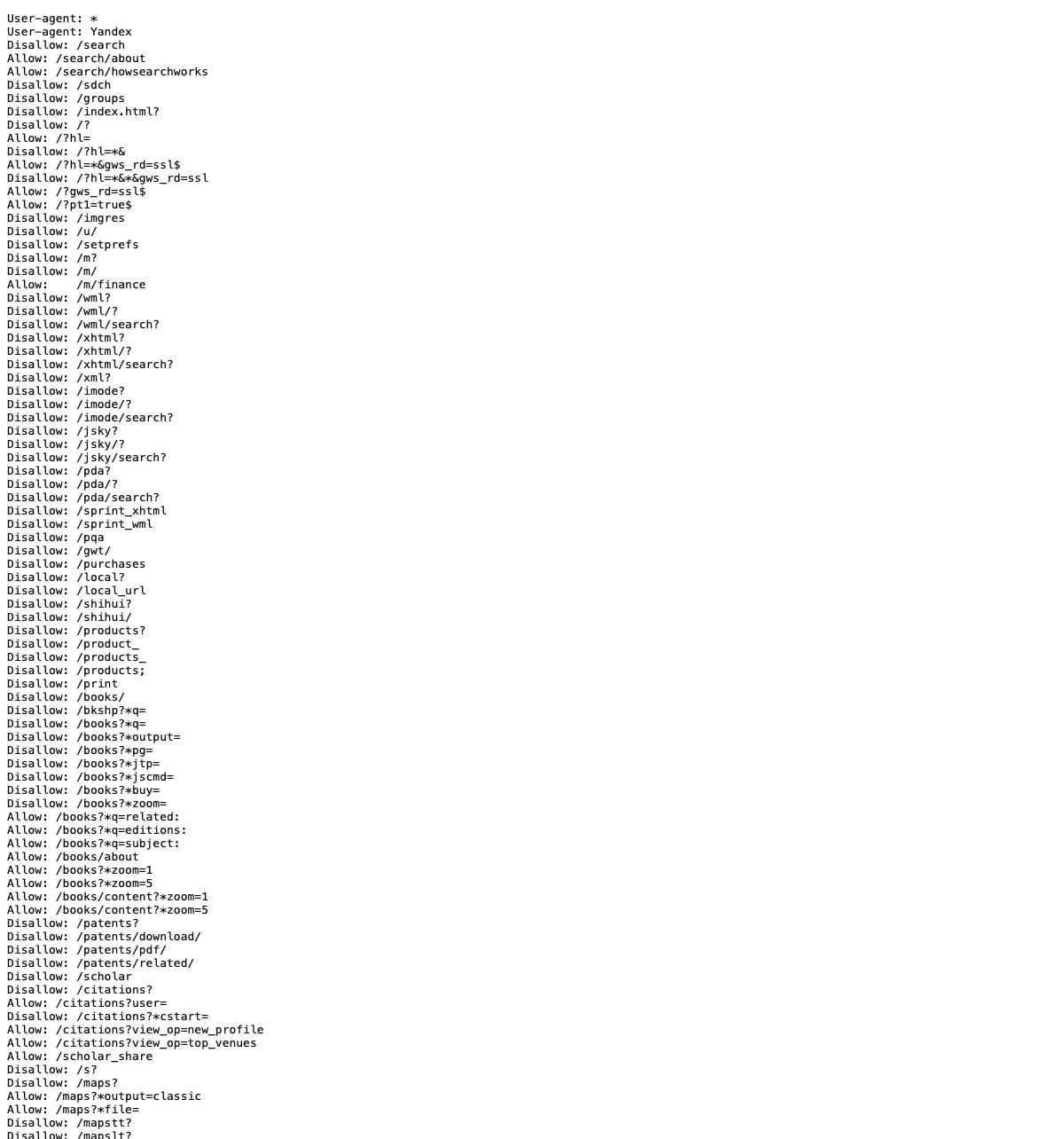 Example of Google robots.txt file content